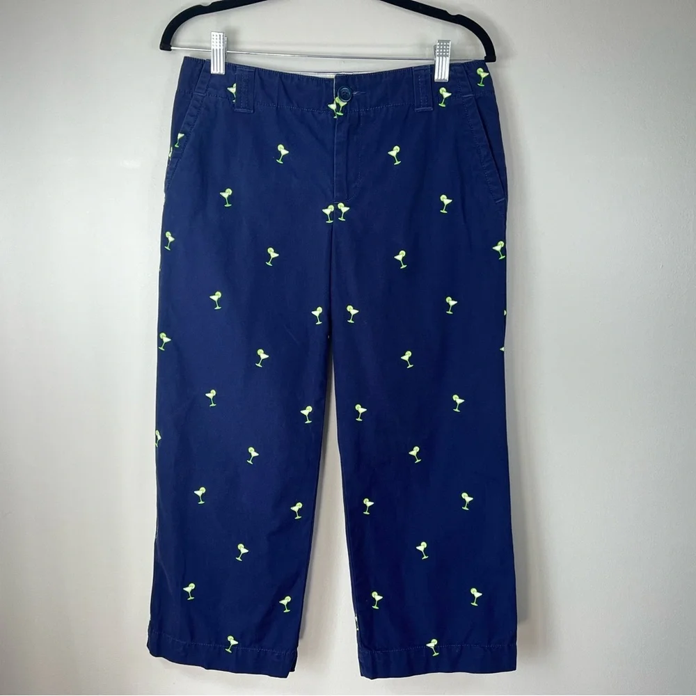 Lilly Pulitzer Womens 6 Blue Capris Embroidered Lime Margaritas Cotton Vacation